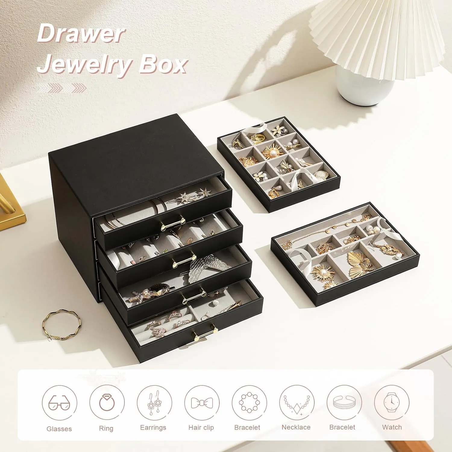 Jewelry Organizer with 4 Drawers, Women Jewelry Box with 6 Jewelry Trays Stackable Jewelry Holder for Earrings Ring Bracelet Necklace, Black