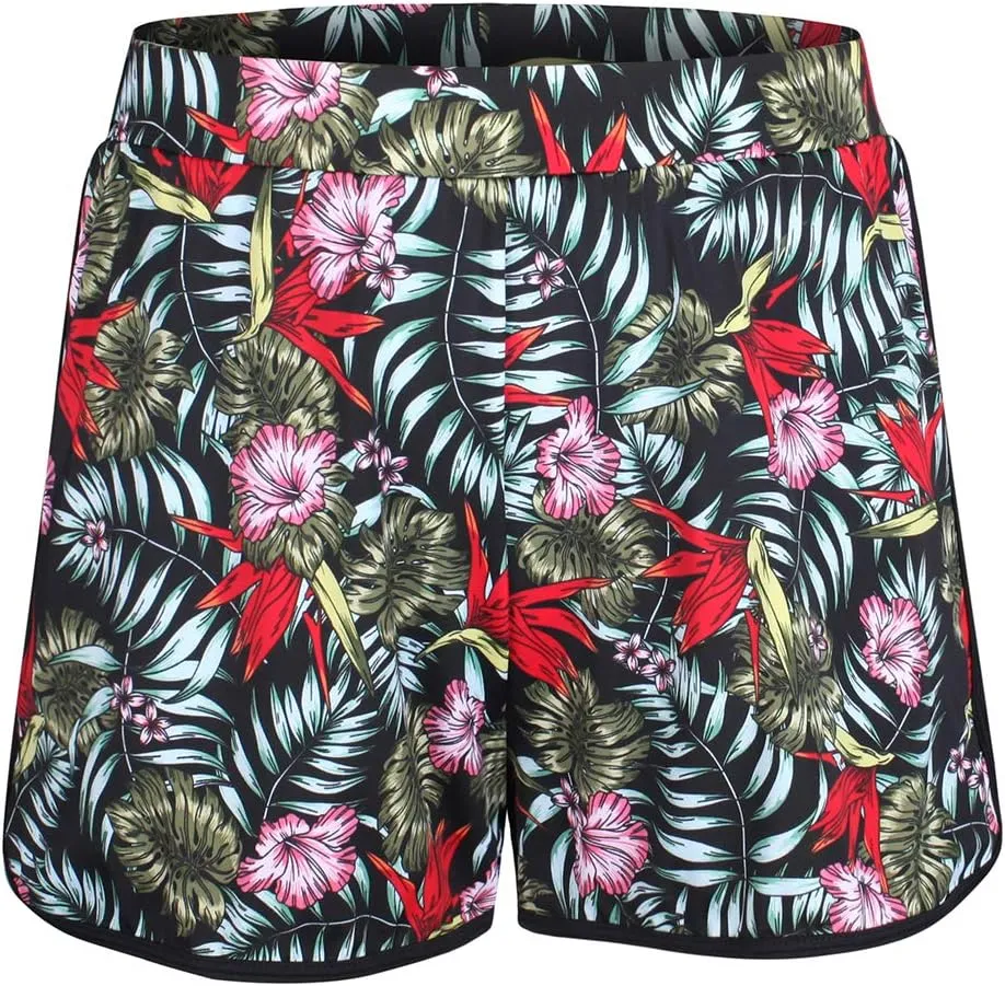 JINXUEER Plus Size Floral Board Shorts Bikini Tankini Swimsuit Bottom Mid Waisted Swimwear with Boy Leg for Women