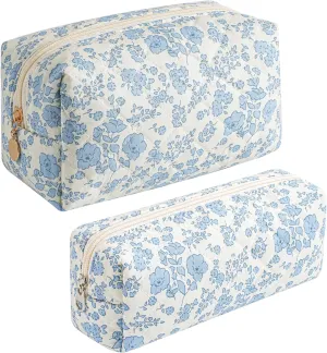 JOVAKIT 2Pcs Makeup Bag Quilted Cosmetic Bag for Women Girls, Floral Coquette Cotton Toiletry Zipper Make Up Pouch, Travel Storage Organizer Pouch (Blue Floral)