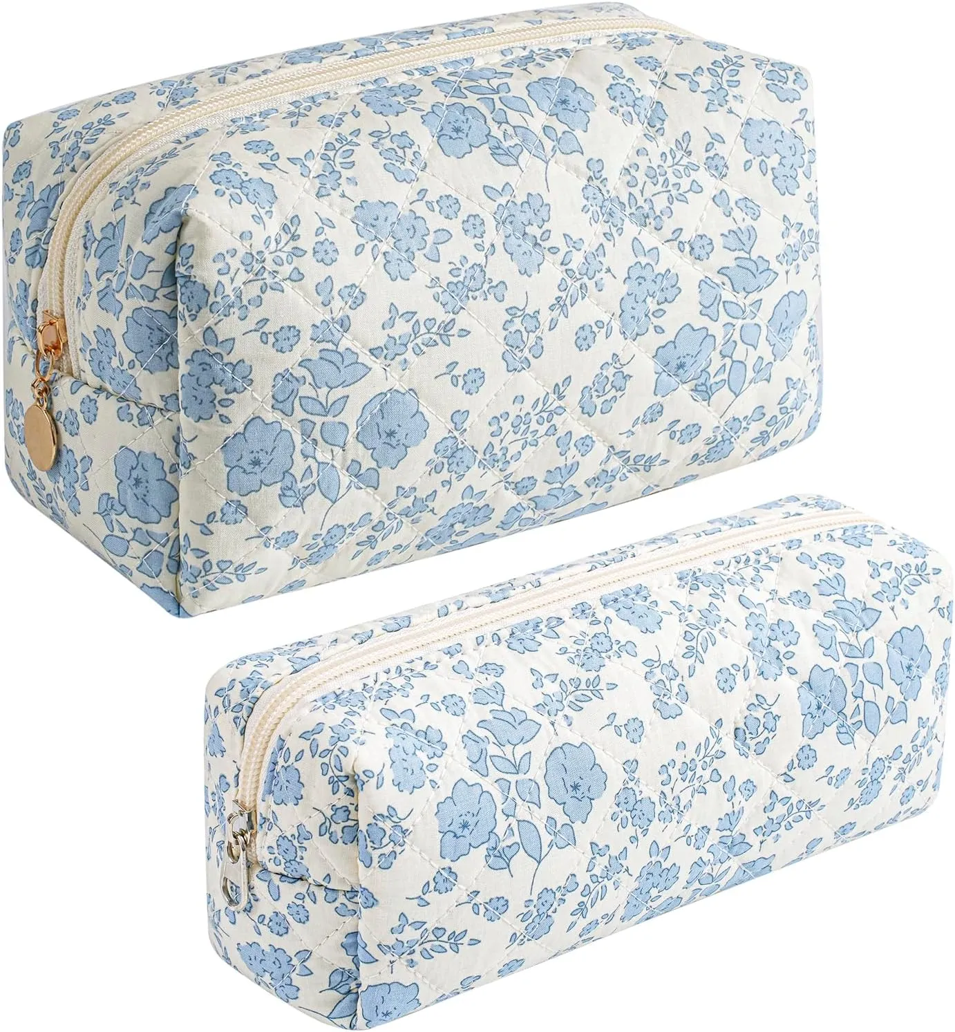 JOVAKIT 2Pcs Makeup Bag Quilted Cosmetic Bag for Women Girls, Floral Coquette Cotton Toiletry Zipper Make Up Pouch, Travel Storage Organizer Pouch (Blue Floral)