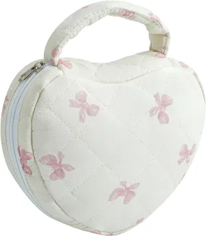 JOVAKIT Quilted Heart Shaped Makeup Bag Cosmetic Bag for Women with Handle, Floral Coquette Cotton Travel Makeup Case Toiletry Zipper Make Up Pouch, Travel Storage Organizer Stuff (Pink Bow Tie)