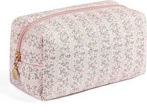 JOVAKIT Square Makeup Bag Cute Cosmetic Bag for Women, Floral Coquette Aesthetic Toiletry Bag, Zipper Make Up Pouch, Travel Make Up Organizer Bag (Pink Floral)