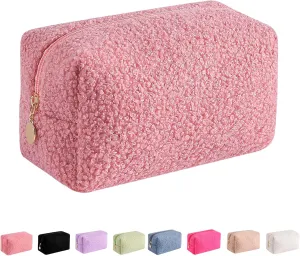 JOVAKIT Travel Makeup Bag Cosmetic Bag for Women, Fashion Christmas Gifts, Plush Zipper Make Up Pouch, Large Capacity Toiletry Organizer Makeup, Portable Storage Bag Trendy Stuff (Pink)