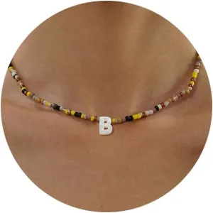 JSJOY Colorful Beaded Initial Necklaces for Women Handmade Acrylic Letter Necklace Beaded Choker Bohemian Necklaces for Teenage