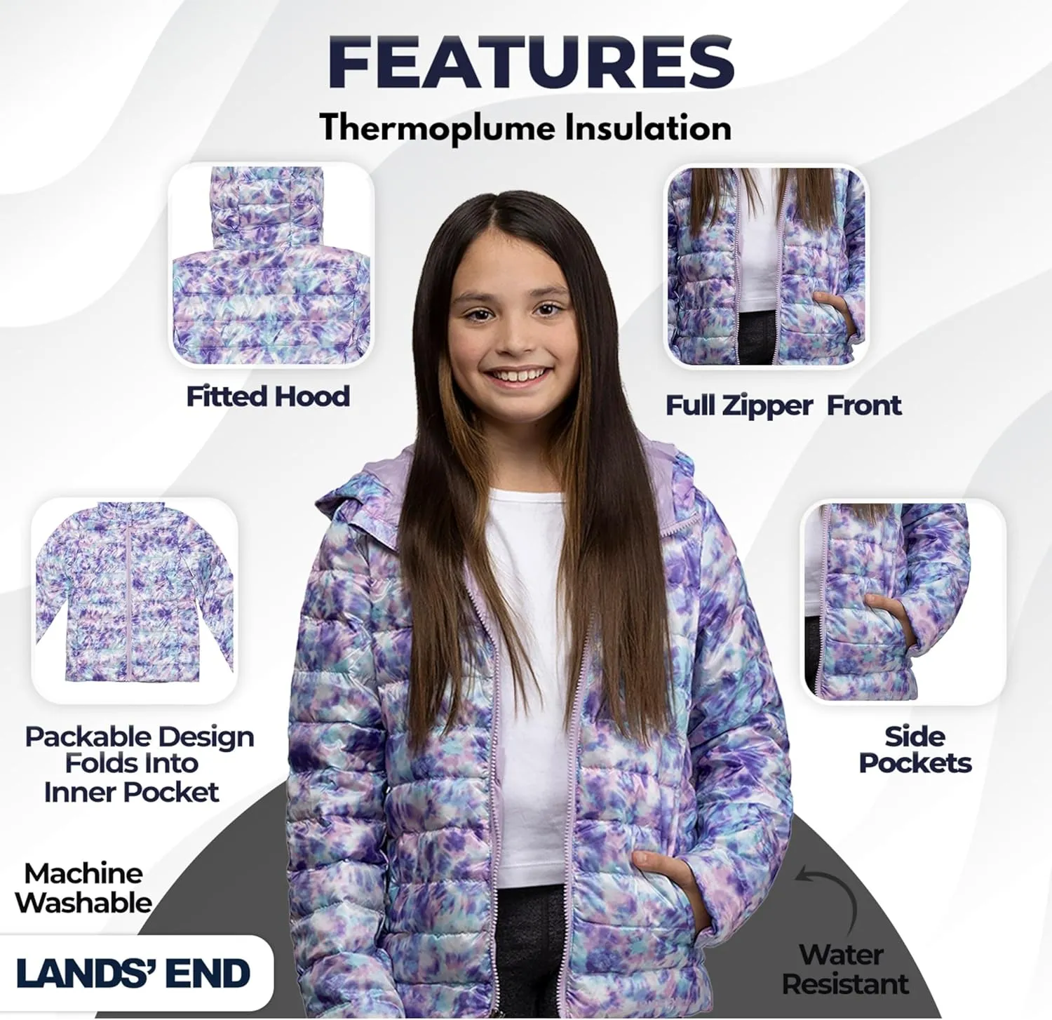 Lands' End Kids Packable Hooded Down Puffer Jacket Coat (XXS-XXL)