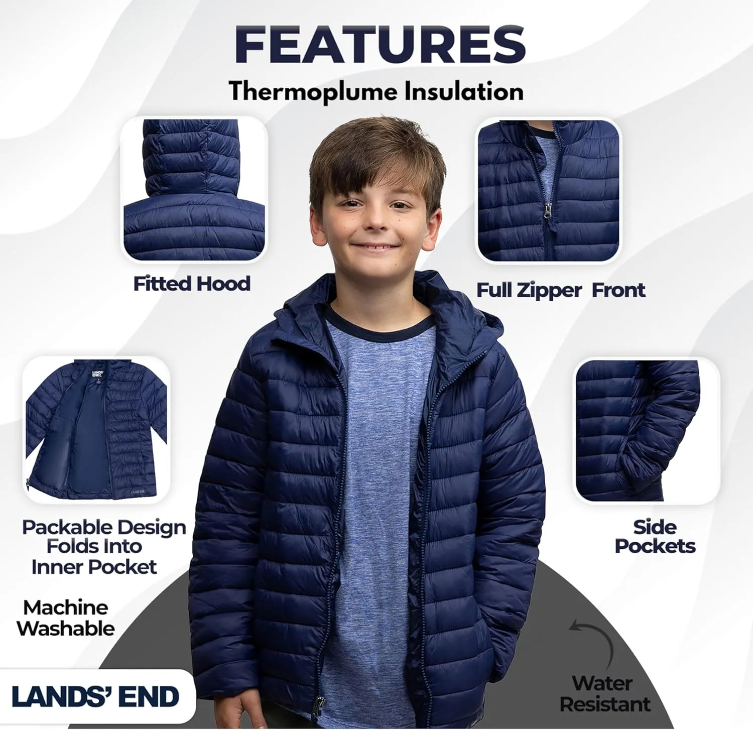 Lands' End Kids Packable Hooded Down Puffer Jacket Coat (XXS-XXL)