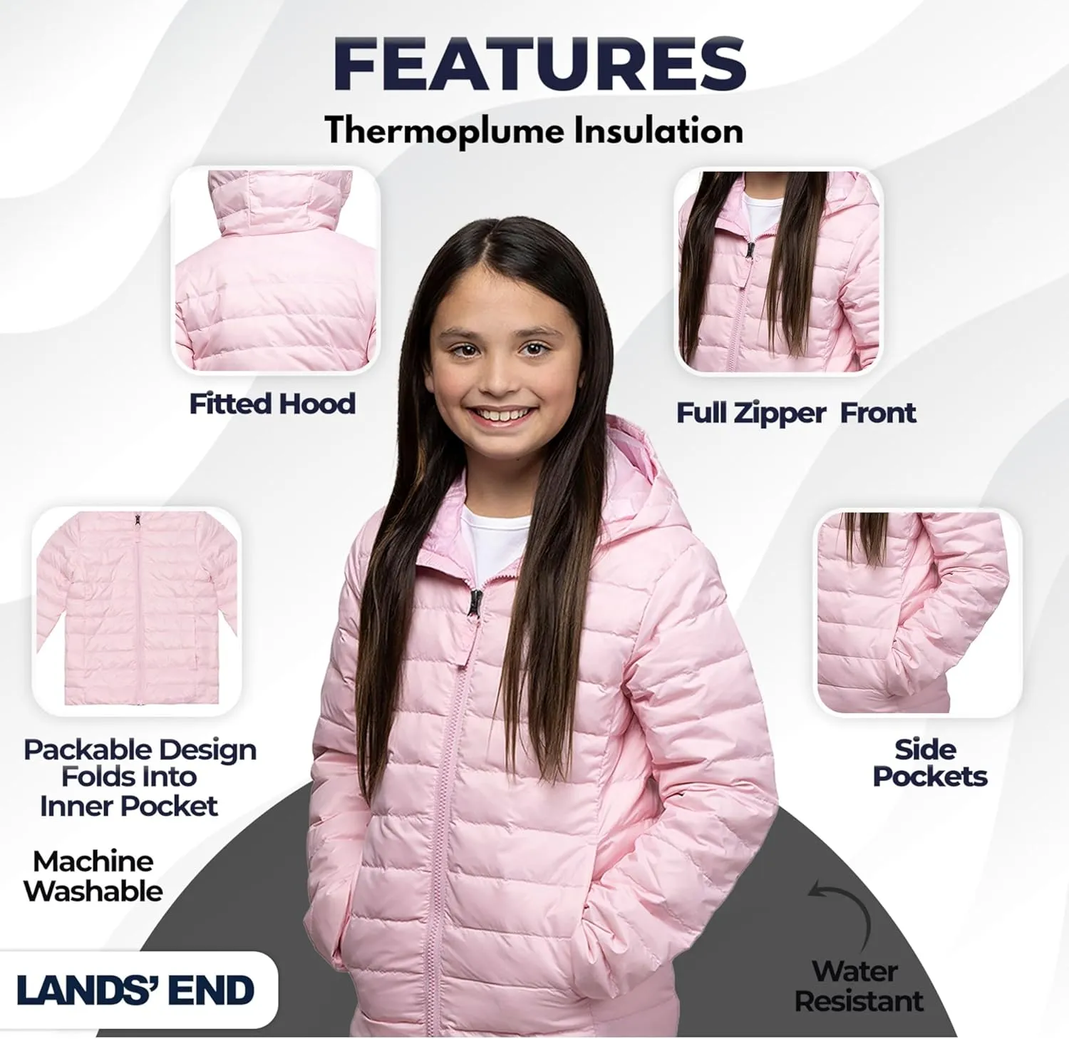 Lands' End Kids Packable Hooded Down Puffer Jacket Coat (XXS-XXL)