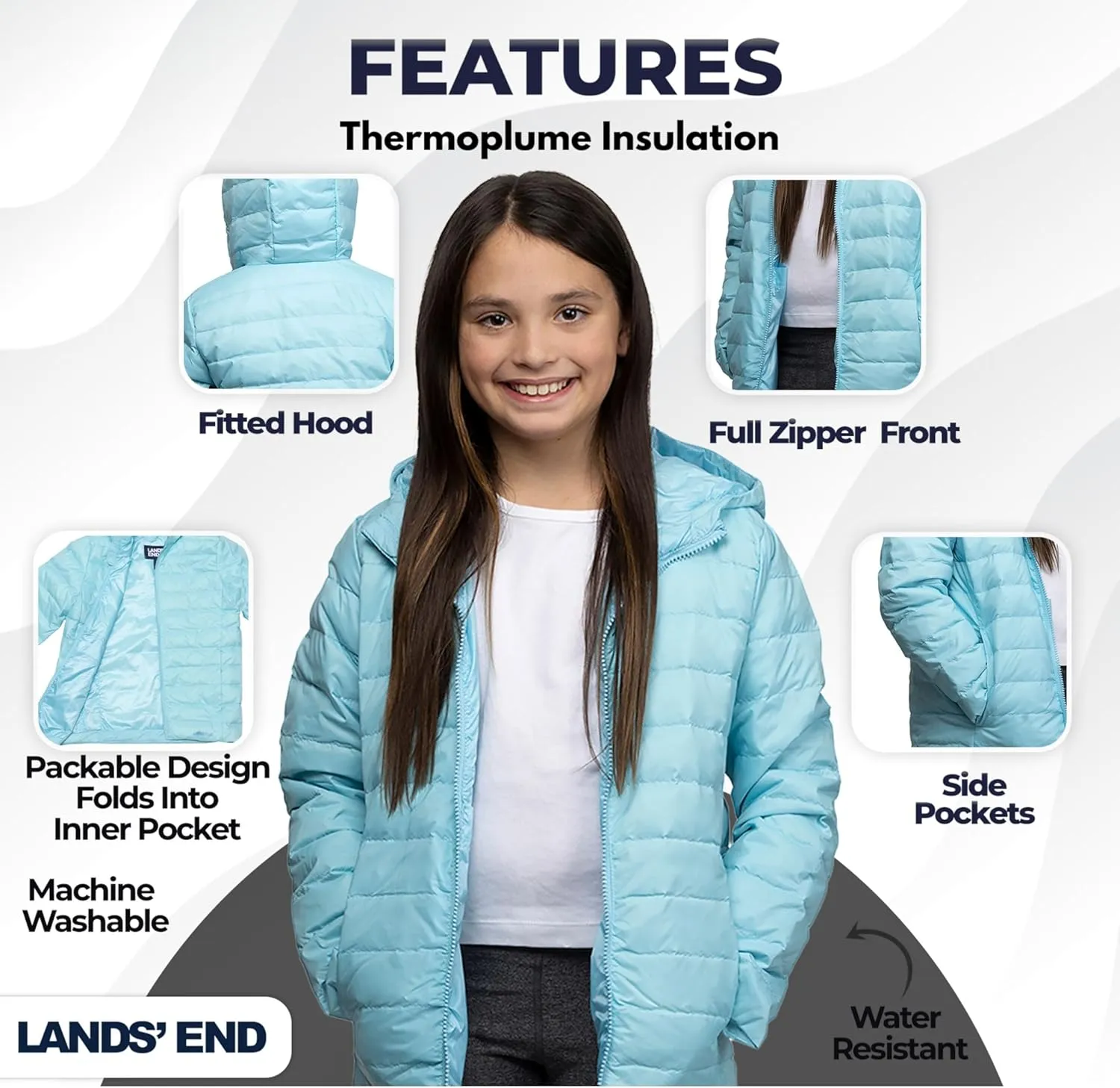 Lands' End Kids Packable Hooded Down Puffer Jacket Coat (XXS-XXL)