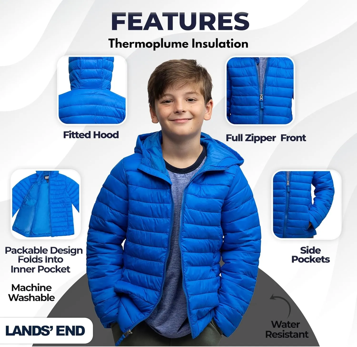 Lands' End Kids Packable Hooded Down Puffer Jacket Coat (XXS-XXL)