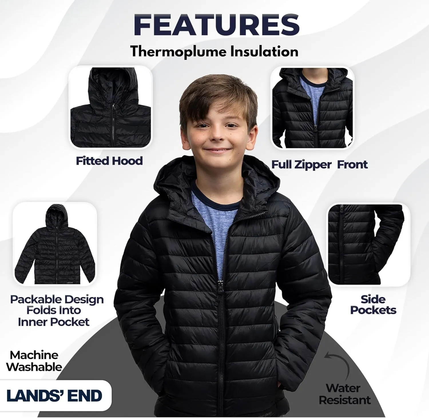 Lands' End Kids Packable Hooded Down Puffer Jacket Coat (XXS-XXL)