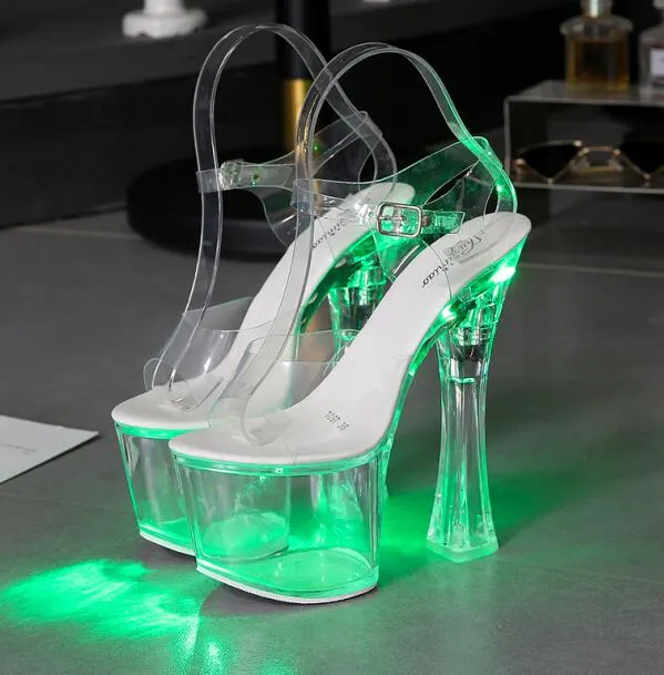 Large Size Sandals Clear Heel Multicolor Light-emitting  Platform Buckle Strap Super High Heels Square Heel Women's Shoes