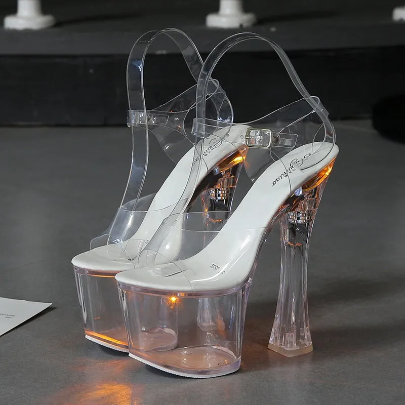 Large Size Sandals Clear Heel Multicolor Light-emitting  Platform Buckle Strap Super High Heels Square Heel Women's Shoes