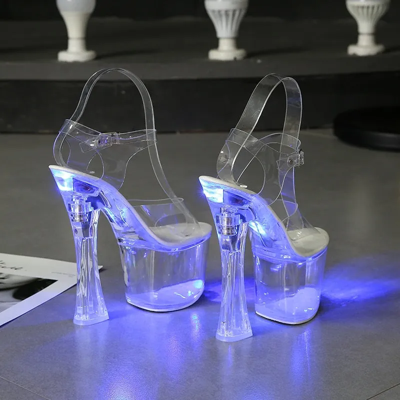 Large Size Sandals Clear Heel Multicolor Light-emitting  Platform Buckle Strap Super High Heels Square Heel Women's Shoes