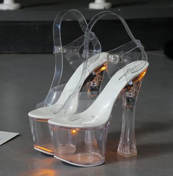 Large Size Sandals Clear Heel Multicolor Light-emitting  Platform Buckle Strap Super High Heels Square Heel Women's Shoes