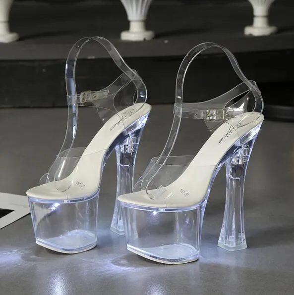 Large Size Sandals Clear Heel Multicolor Light-emitting  Platform Buckle Strap Super High Heels Square Heel Women's Shoes