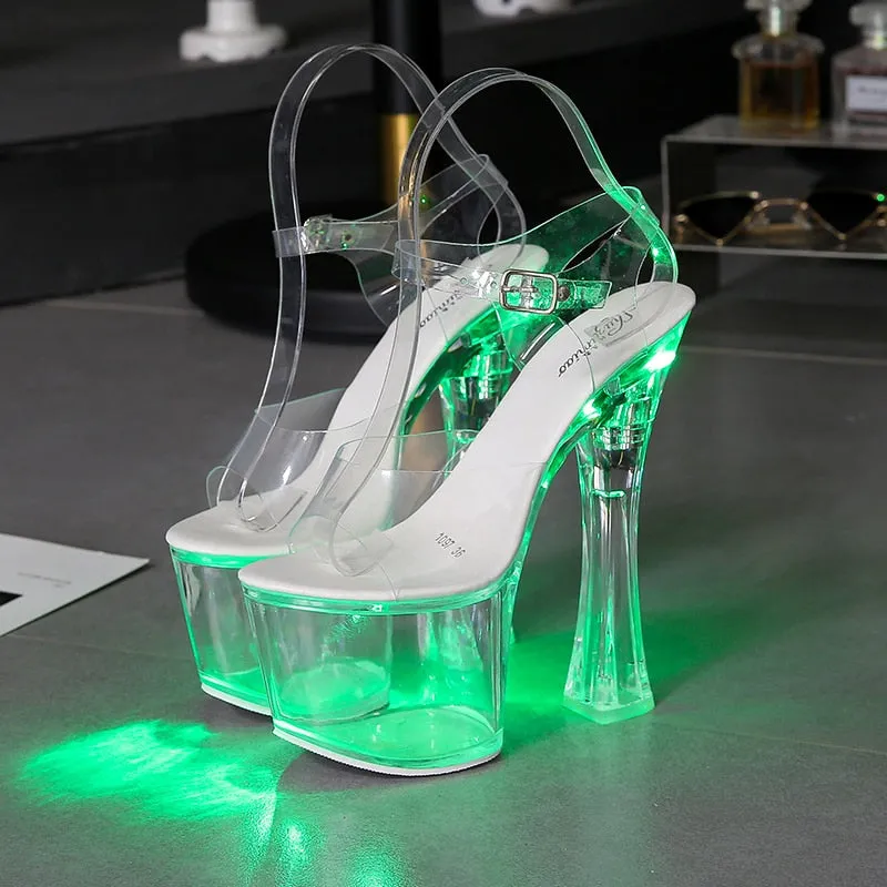 Large Size Sandals Clear Heel Multicolor Light-emitting  Platform Buckle Strap Super High Heels Square Heel Women's Shoes