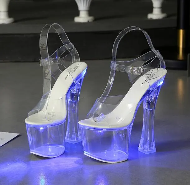 Large Size Sandals Clear Heel Multicolor Light-emitting  Platform Buckle Strap Super High Heels Square Heel Women's Shoes