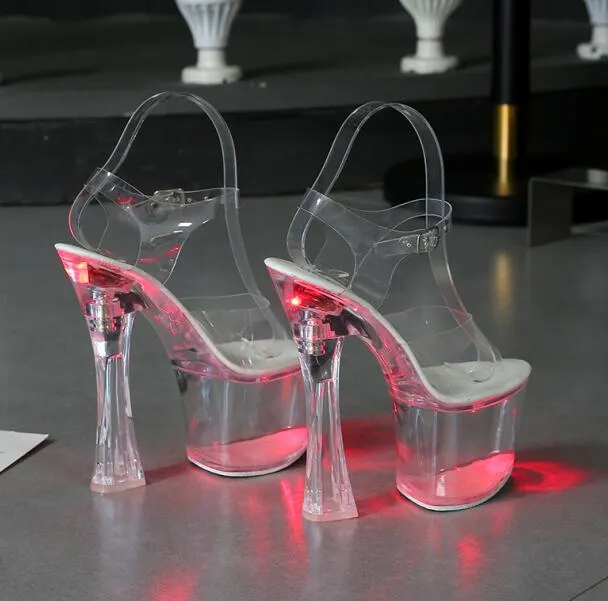 Large Size Sandals Clear Heel Multicolor Light-emitting  Platform Buckle Strap Super High Heels Square Heel Women's Shoes