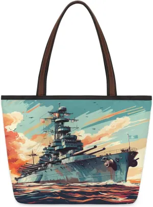 Large Tote Bag For Women Ship Sea Colorful Painting Work Cloth Bags With Zipper Reusable Grocery Hand Bags Casual Travel Overnight Tote Purses Fit Travel,Work, Vacation,Beach, Shopping,Gifts