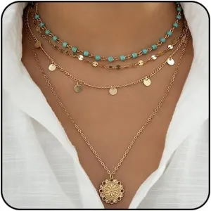Layered Boho Necklaces for Women Gold Coin Pendant Necklaces Stackable Turquoise Choker Necklace for Women Western Jewelry