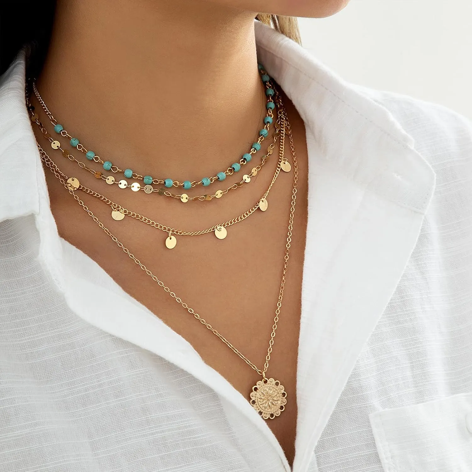 Layered Boho Necklaces for Women Gold Coin Pendant Necklaces Stackable Turquoise Choker Necklace for Women Western Jewelry