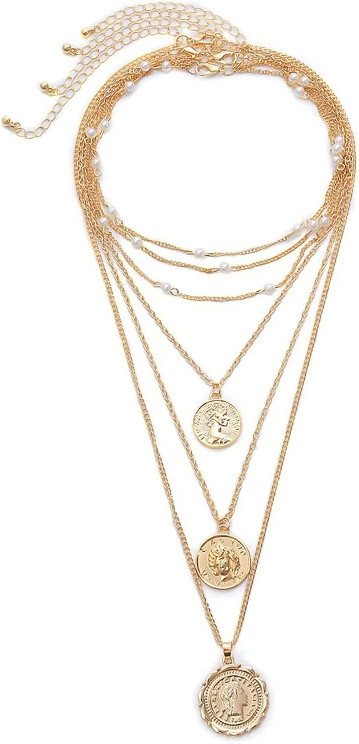 Layered Necklace, Layered Necklaces for Women Coin Pendant Chain Necklaces for Women Girls, 6 Pieces, Gold, 38CM