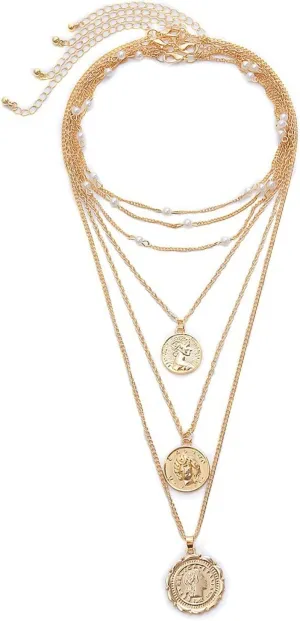 Layered Necklace, Layered Necklaces for Women Coin Pendant Chain Necklaces for Women Girls, 6 Pieces, Gold, 38CM