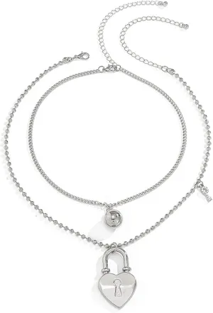 Layered Necklaces, Silver Necklace for Women 2 Layer Pendant Necklaces Ball Lock Keychain Design Valentines Day Jewerly