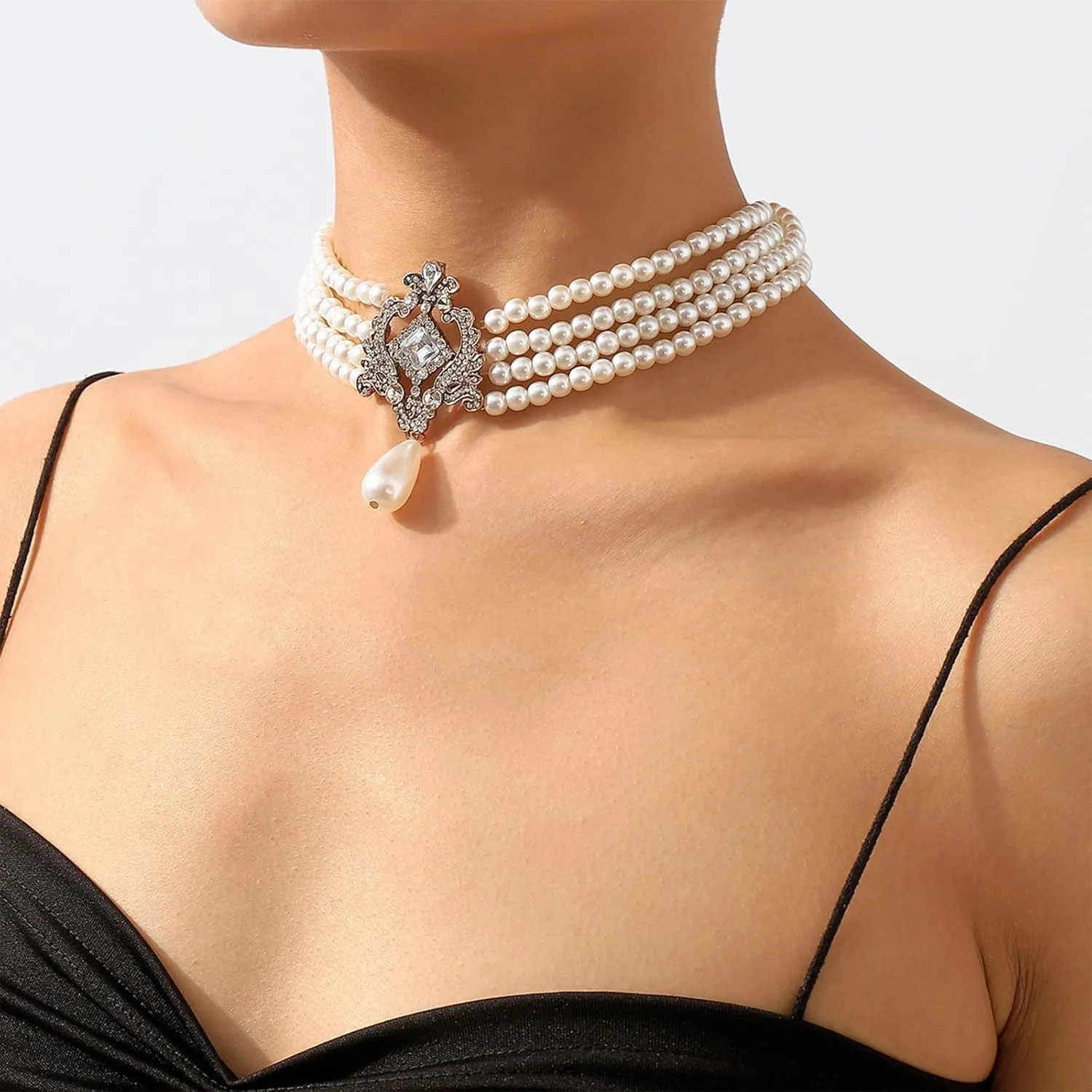Layered Pearl Choker Necklaces for Women Pearl Jewelry Pearls Stacked Choker Necklace for Women Gothic Costume Accessories Birthday GIfts for Her Prom Rhinestones Jewelry