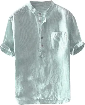 Linen Shirts for Men Striped Button Up Stand Collar Short Sleeve Lightweight Pocket Summer Outdoor Casual Blouse