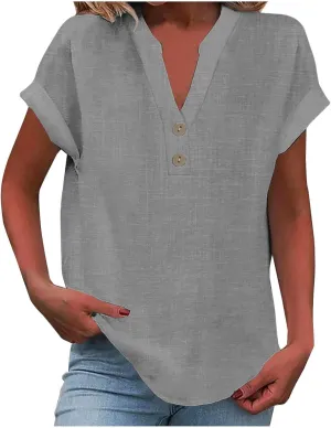 Linen Shirts for Women Cotton Button Up Shirt Short Sleeve Roll Up Loose Fit V-Neck Summer Casual Work Blouse Tops