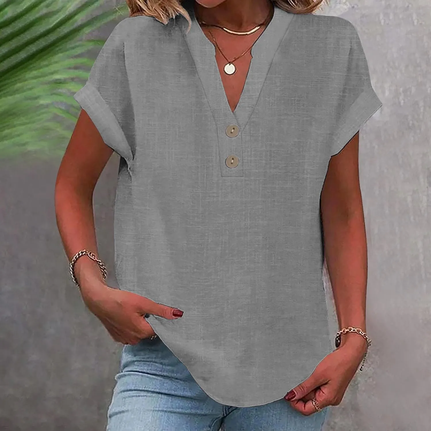 Linen Shirts for Women Cotton Button Up Shirt Short Sleeve Roll Up Loose Fit V-Neck Summer Casual Work Blouse Tops