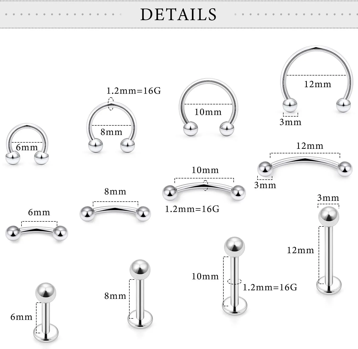 Lip Rings Surgical Steel Snake Bite Jewelry 16G Lip Piercing Jewelry Vertical Labret Lip Jewelry Monroe Piercing Jewelry for Women Men