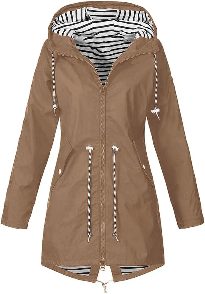 Long Rain Jacket Women Striped Lined Hooded Lightweight Raincoats Outdoor Waterproof Windbreaker Rain Coat Trench Coats