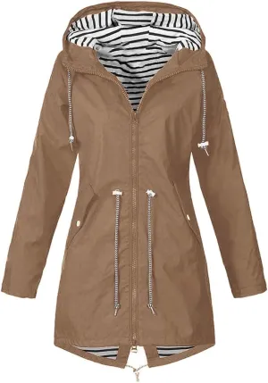 Long Rain Jacket Women Striped Lined Hooded Lightweight Raincoats Outdoor Waterproof Windbreaker Rain Coat Trench Coats
