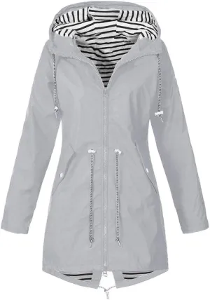 Long Rain Jacket Women Striped Lined Hooded Lightweight Raincoats Outdoor Waterproof Windbreaker Rain Coat Trench Coats