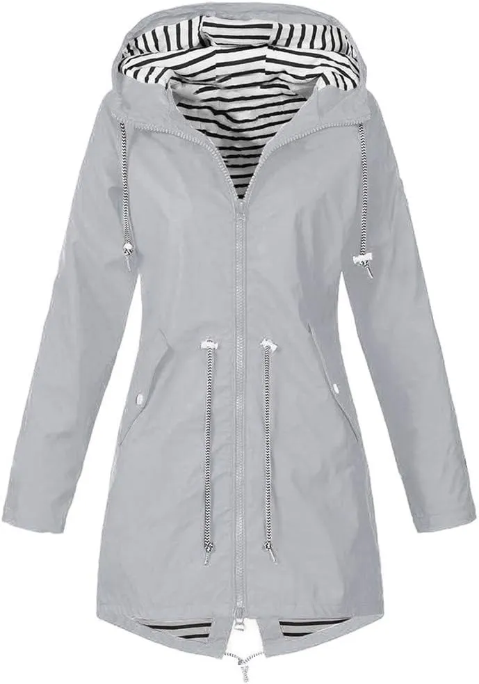 Long Rain Jacket Women Striped Lined Hooded Lightweight Raincoats Outdoor Waterproof Windbreaker Rain Coat Trench Coats