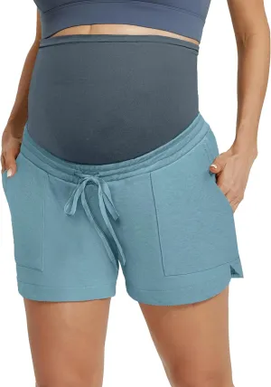 Maacie Maternity Sweat Shorts 2025 High Waist Shorts Lounge Casual Curved Slit Shorts with Pockets