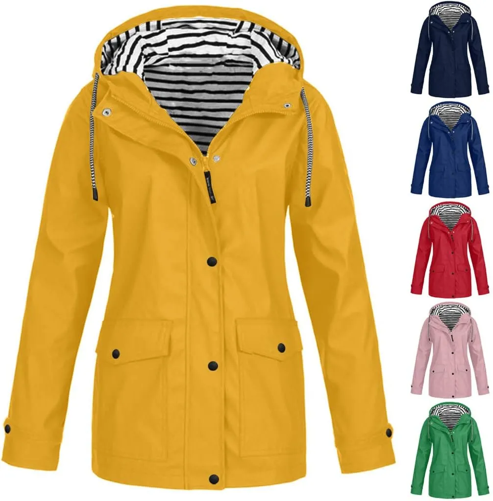 maisdgop Raincoats for Women Waterproof Long Hooded Trench Coats Winter Fall Travel Hiking Windbreaker Outerwear With Hooded