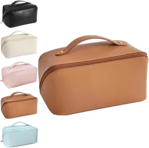 Makeup Bag Travel Cosmetic Bag, Large Capacity Travel Cosmetic Bag, Multifunctional Storage Makeup Bag Waterproof Portable PU Leather Makeup Bag with Handle and Divider (Brown)