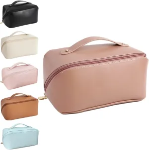 Makeup Bag Travel Cosmetic Bag, Large Capacity Travel Cosmetic Bag, Multifunctional Storage Makeup Bag Waterproof Portable PU Leather Makeup Bag with Handle and Divider (Sunset Pink)
