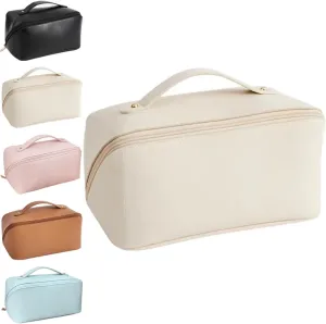 Makeup Bag Travel Cosmetic Bag, Large Capacity Travel Cosmetic Bag, Multifunctional Storage Makeup Bag Waterproof Portable PU Leather Makeup Bag with Handle and Divider (White)