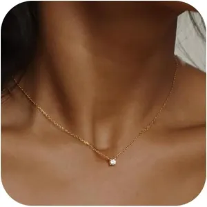 MBW Diamond Necklaces for Women, Dainty 14k Gold/Silver Plated Cubic Zirconia Pendant Necklaces for Women Trendy Simple Small Silver CZ Round Solitaire Choker Necklaces Jewelry for Women