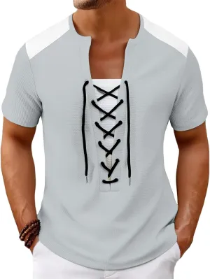 Men Cotton Linen Henley Shirts, Lace Up Short Sleeve V Neck for Beach Renaissance Viking Pirate Hippie, Cotton