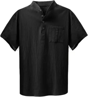 Men Short Sleeve Casual Button Down Striped Henley Lightweight Linen Cotton Dress Shirts with One Pocket Tops