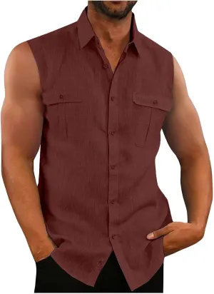Mens Button Down Sleeveless Shirts Summer Beach Tank Tops Cotton Linen Basic Shirt Fashion Vest with Double Pocket