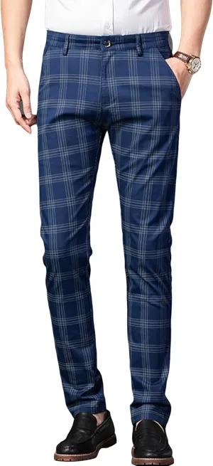 Men's Casual Slim Straight Plaid Trousers Loose Stretch Business Pants Lightweight Fit Plaid Chino Pants