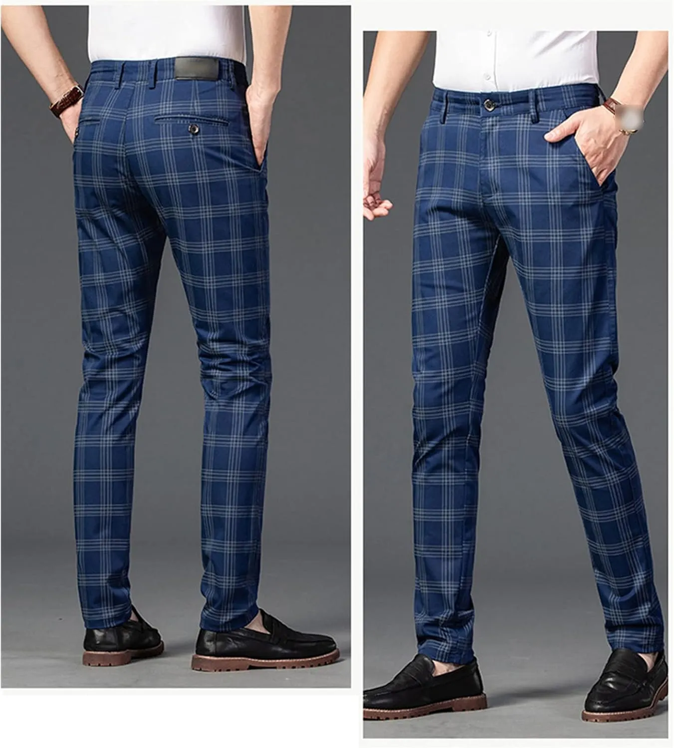Men's Casual Slim Straight Plaid Trousers Loose Stretch Business Pants Lightweight Fit Plaid Chino Pants