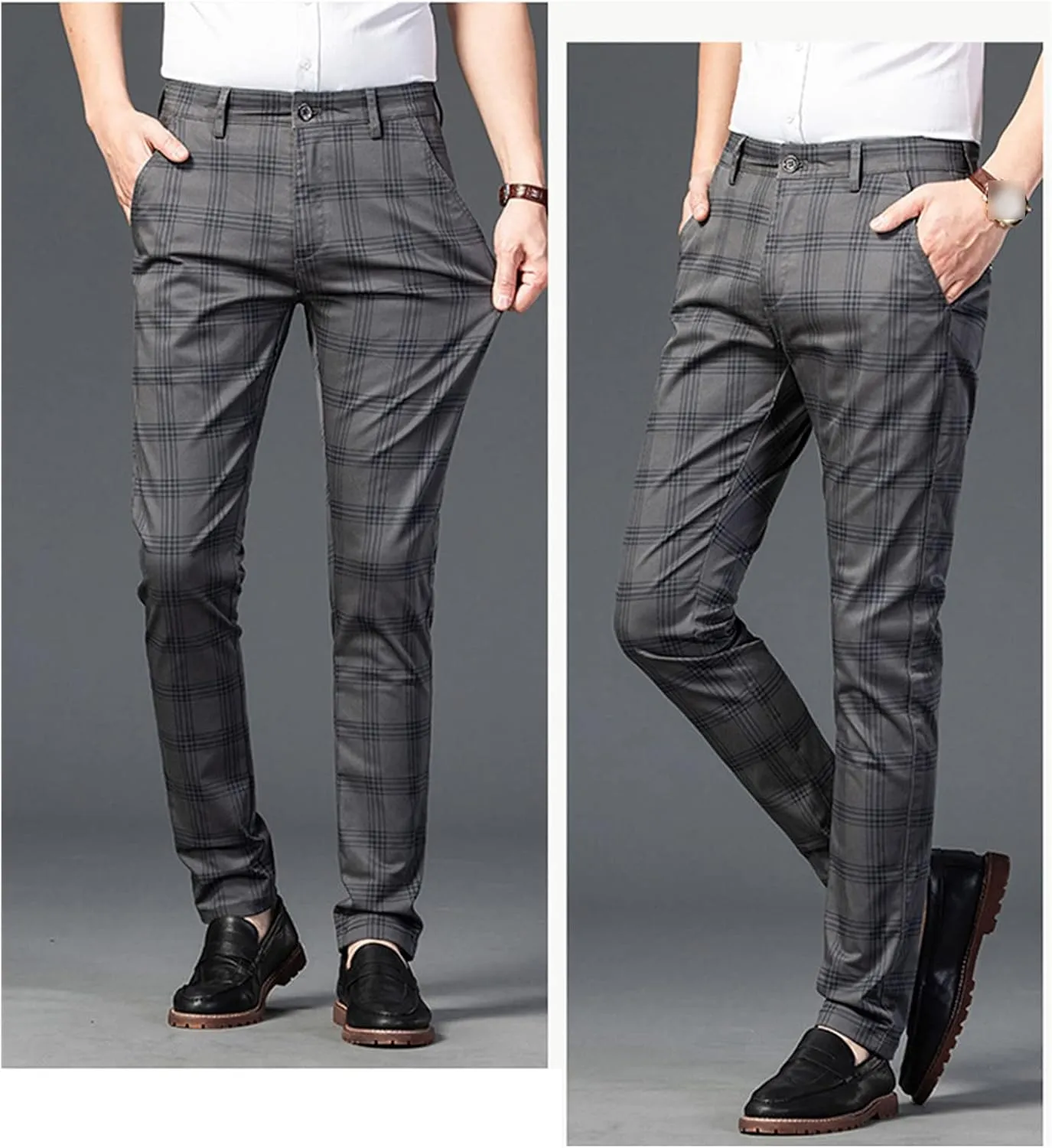 Men's Casual Slim Straight Plaid Trousers Loose Stretch Business Pants Lightweight Fit Plaid Chino Pants