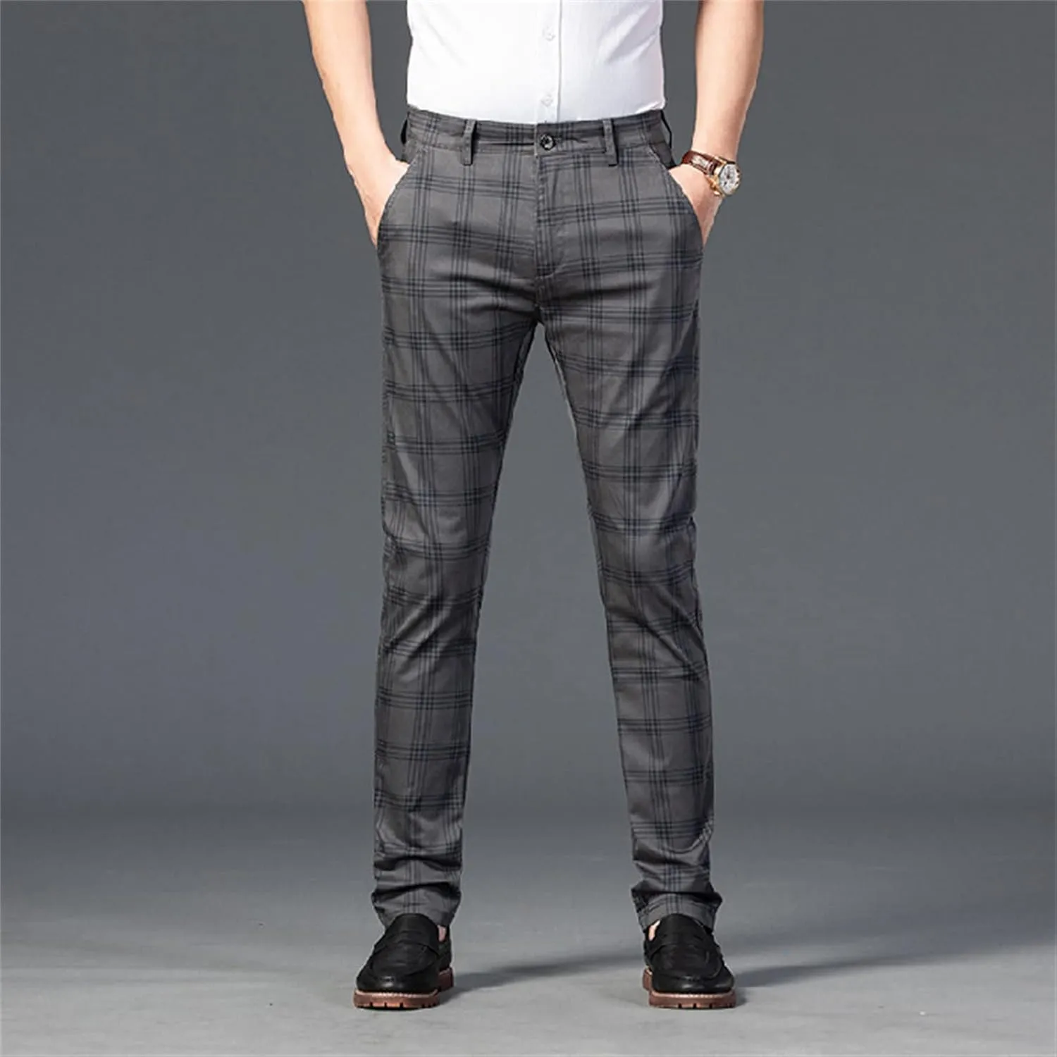 Men's Casual Slim Straight Plaid Trousers Loose Stretch Business Pants Lightweight Fit Plaid Chino Pants